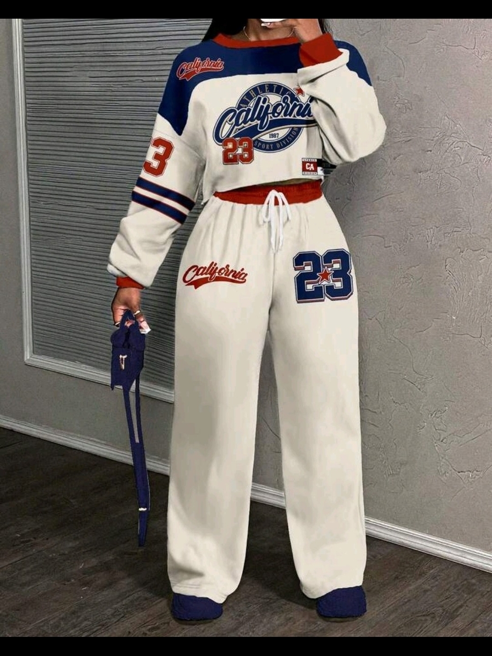 California Graphic Two-Piece Jogger Set - White/Blue/Red
